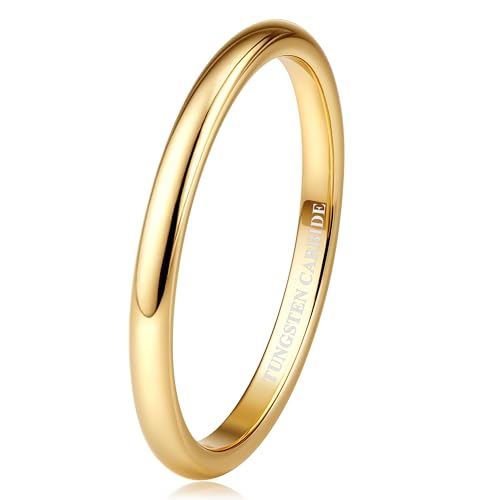 Tungary 2mm Tungsten Wedding Bands Rings 18K Gold Plated Stackable Rings for Women Men Promise Engagement Ring Domed High Polish Gold Ring Not Tarnished Jewelry Comfort Fit 7