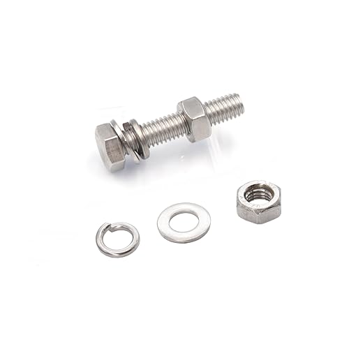 10-Pack M6 x 60mm Hexagon Screws Hex Bolts with M6 Hex Nuts M6 Flat Washers/Spring Lock Washers Set, 304/18-8, Plain Finish