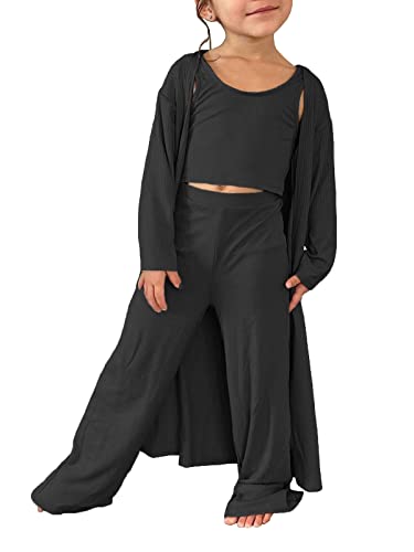 Fessceruna Girls 3 Piece Sweatsuit Outfit Kids Cute Crop Vest Top & High Waist Pants & Cardigan Knitwear Jumpsuit 7-8 Year Black