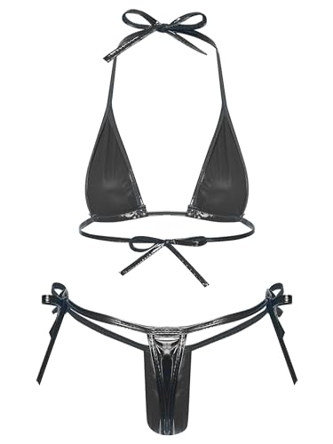 CHICTRY Women Micro Bikini Set Mini Bra G-String Bathing Suit PU Leather Extreme Swimwear Clubwear