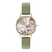 Olivia Burton Women's Illustrated Floral Sage Green Calfskin Quartz Basic Watch, 24000228, Ivory, 30 mm