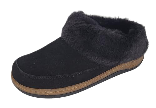 Clarks Womens Slipper Suede Leather Scuff Toe - Plush Faux Fur Collar/Lined With A Cork Midsole - Open Back Indoor Outdoor House Slippers For Women (Black US 8)