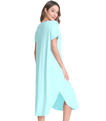 Image of NACHILA Nightgowns for Women-Viscose Made from Bamboo,Short Sleeve Nightshirts Satin V Neck Sleep Dress Loose Sleepwear