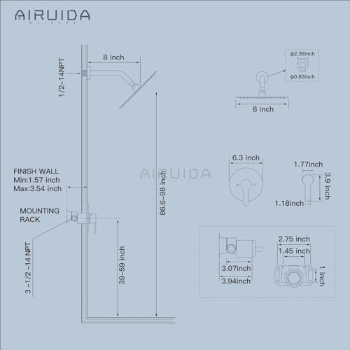 Airuida Shower Faucet Set,8 Inch Round Rainfall Shower Head,SUS304 Stainless Steel Single Handle Shower Trim Kit,Wall Mount Bathroom System with Female Threads Valve Matte Black by Airuida - Image 6
