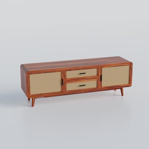 Image of DRIFTINGWOOD Amber Solid Sheesham Wood Modern Rattan TV Console for Upto 65 Inch TV, Boho Entertainment Center with 4 Storage Compartments (2 Drawers, 2 Cabinets), Honey Finish