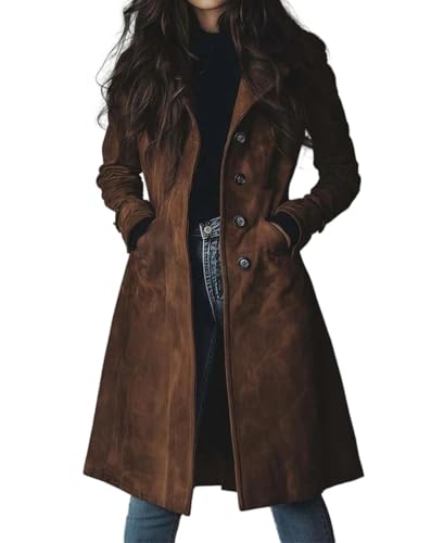 Ru Sweet Women's Faux Suede Trench Coat Elegant Single Breasted Suede Leather Jacket Fall Winter Lapel Overcoat (Brown,Large)