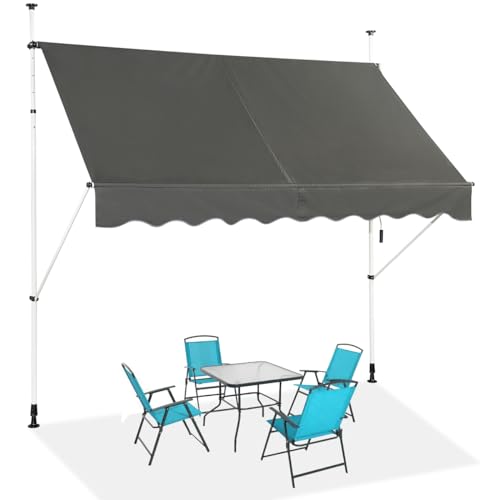 HOMASIS Klemmmarkise 150/200/250/300/350/400cm, höhenverstellbarer Sonnenschutz, Markise Balkon ohne Bohren, Balkonmarkise mit Handkurbel, UV-Schutz, Gelenkarmmarkise für Außenbereiche (Grau+2,5 m)