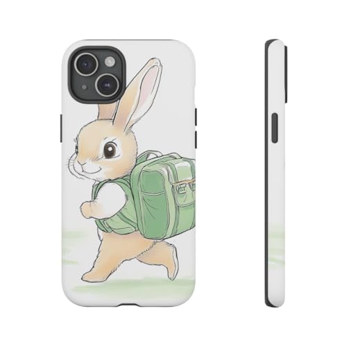 Coque iPhone 15 Plus lapin mignon avec sac à dos vert rigide mate