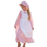 ガールズ コロニアル ハロウィン ドレス フローラル プレーリー パイオニア 長袖ドレス 帽子付き エプロン 1800年代 巡礼者ドレス, ピンク, 11-12 Years