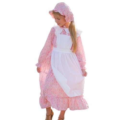Girls Colonial Halloween Dress Floral Prairie Pioneer Long Sleeve Dresses with Hat Apron 1800s Pilgrim Dress