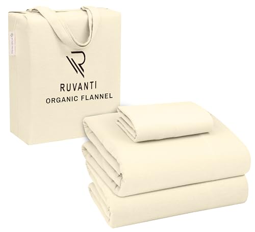 RUVANTI Sábanas de franela orgánica, tamaño individual XL, 100 % algodón de doble cepillado, bolsillo profundo de 16 pulgadas, transpirables, extrasuaves, cálidas y acogedoras, 3 piezas, color blanco