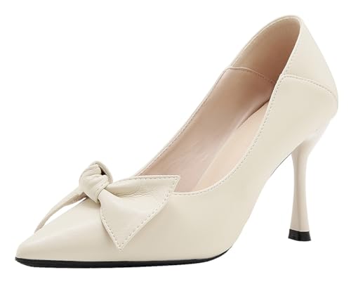 YooPrettyz Women's Bow Pointed Toe Shoes Slip On Dress Leather Pumps Wedding Bridal Party Stilettos