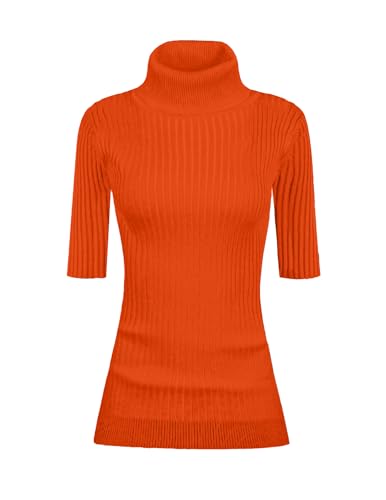 v28 Women Turtleneck 1/2 Half Sleeve Highly Stretchy Ribbed Knit Fitted Sweater(Orange XS)