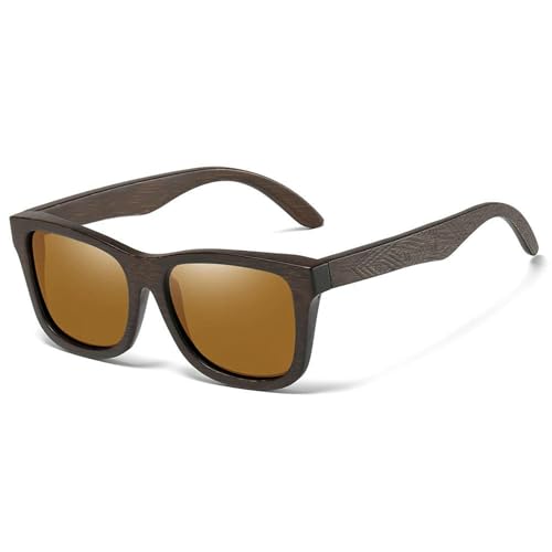 Gyios Lunettes de Soleil Polarisées en Bois Bambou pour Hommes Et Femmes, Uv400, Rétro Carrées, Conduite Plein Air, Nuances Styliste-Marron-Bambou Foncé