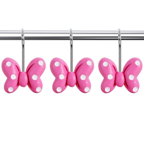 CTOHN 12-Piece Pink Polka Dot Bow Shower Curtain Hooks, Cute Mouse Bowknot Stainless Steel Decorative Shower Hangers Rings for Bathroom Decor