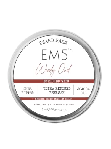 Image of Em5 's Woody Oud Organic Beard Balm Shape Style And Tame Medium Hold And Shine Long Lasting Fragrance For All Hair| Mustache And Beards Wax Gift For Him /Men,1 Count