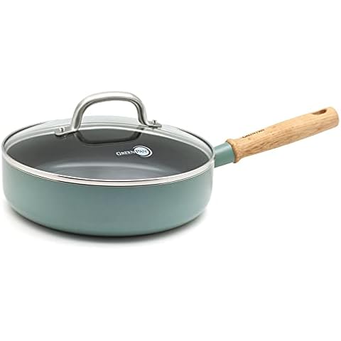 GreenPan Mayflower Healthy Ceramic Non-Stick 24 cm/2.7 Litre Saute Pan, Vintage Wood Handle, PFAS Free, Induction, Metal Safe, Smoky Blue Cover