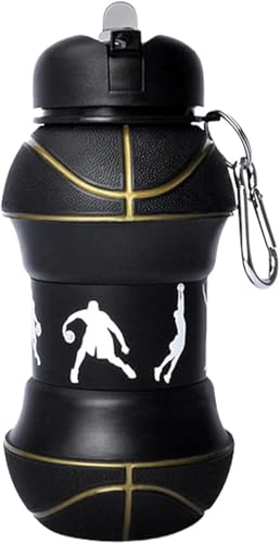 YverLand Garrafa de água dobrável para meninos e meninas sem BPA. Caneca infantil para campismo, personalizada com o seu desporto. Bola de água compacta para presente original (basquetebol preto)