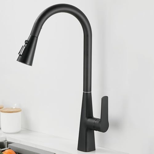 Mélangeur de cuisine en laiton à douchette amovible noir et mitigeur eau chaude froide