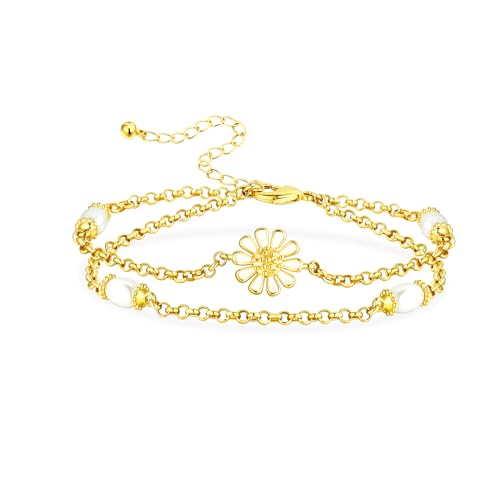 Image of Gold Pearl Bracelet for Women, REAL 14K Gold Plated Double Layered Dainty Pearls Bracelet, Elegant Stackable Flower Jewelry Gift for Her with OT Clasp