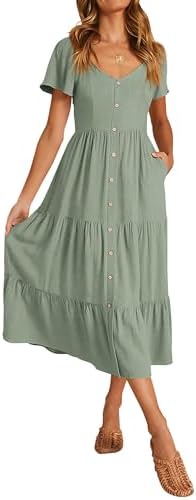 KIRUNDO Women 2025 Spring Summer Casual Short Sleeve Midi Dress Button V Neck Tiered Vacation Sundress with Pockets