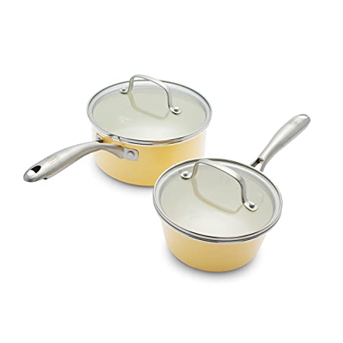 Baterías De Cocina, Kitchen GreenLife Artisan Healthy Ceramic - Juego de cacerolas antiadherentes de 1 cuarto y 2 cuartos con tapas, mango de acero inoxidable, sin PFAS, apto para...