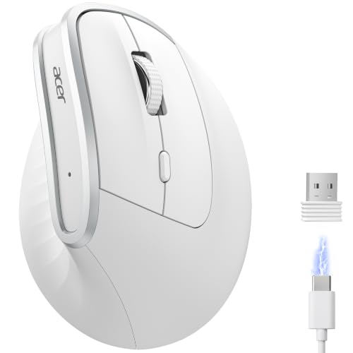 Acer Ratón ergonómico 2,4 G, ratón óptico Vertical inalámbrico 1600 dpi, ratón inalámbrico Recargable, ratón inalámbrico con Receptor USB-A para PC y portátiles, Compatible con Windows, macOS, Linux
