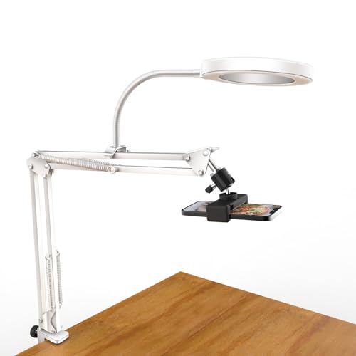 Pozliv White Overhead Camera Mount with Ring Light, Desk Flexible Articulating Phone Arm Stand...