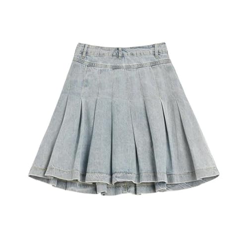 Women’S Vintage Fashion Denim Mini Skirt High Waist Slimming Versatile Button Lotus Leaf Pleated Skirts Washed Blue XXL2