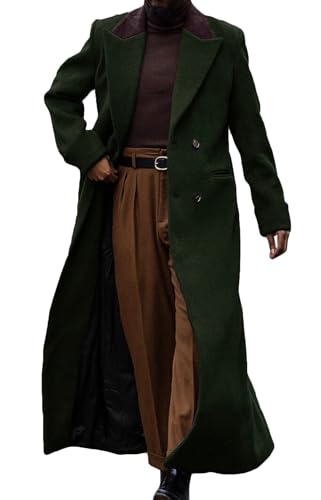 Image of Man's Double Breasted Full Length Trench Coat Casual Corduroy Collar Long Jacket Peacoat Wool Blend Winter