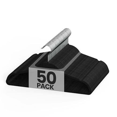 YSSOA 50 Pack Velvet Hangers, Heavy Duty Coat Hangers with 360° Swivel Hooks, Non-Slip Clothes Hangers with Shoulder Notches, for Coat, Pants, Black