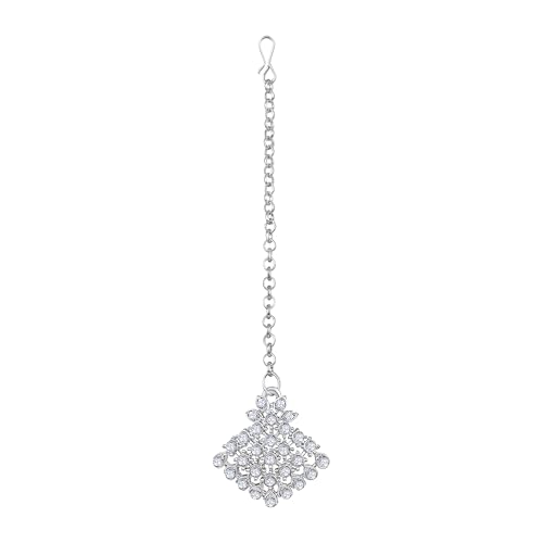 Image of Atasi International Silver Plated White Crystals American Diamonds Stylish Necklace Set with Earrings and Maang Tikka for Women and Girls | Stylish Jewellery for Party, Wedding and Festive Occasions (R6159)