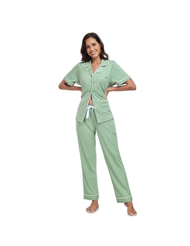 Image of CF Womens 100% Cotton Pajamas Set Button Down Pjs Sets Short Sleeve Top & Long Pants Sleepwear Comfy Loungewear with Pockets