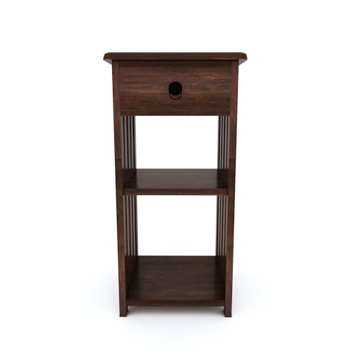 Image of Sheesham Wood Bedside Table with 1 Drawer and 2 Shelf Storage for Bedroom Living Room Office Home Furniture End Table| Sofa Side Table| Nightstand, (Walnut Finish)