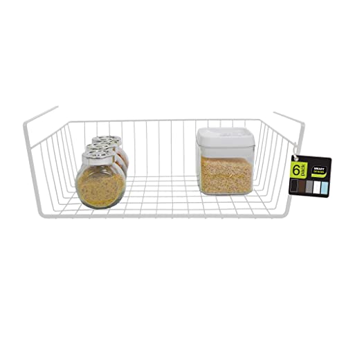 Smart-Design-Undershelf-Storage-Basket-Set-of-6-Medium-Snug-Fit-Arms-Steel-Metal-Wire-Frame-Rust-Resistant-Cabinet-Pantry-Shelf-Organizer-Rack-Kitchen-Bathroom-16-x-55-Inch-White