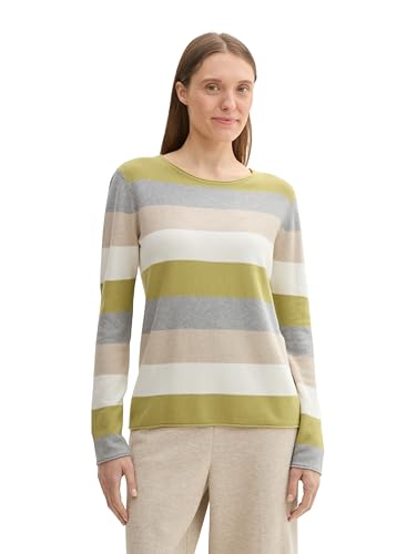 Tom Tailor Damen Strickpullover mit Rundhals, 37067 - Green Block Stripe, M – Ansicht 3