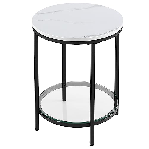 VASAGLE Table d’Appoint, à 2 Niveaux, Table de Nuit, en Panneau d’Aggloméré et Verre, pour Salon, Chambre, Bureau, Petit Espace, Blanc Marbré et Noir...