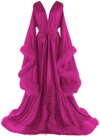Women's Feather Bridal Robes Old Hollywood Maternity Photoshoot Nightgown Silk Bathrobe Long Lingerie