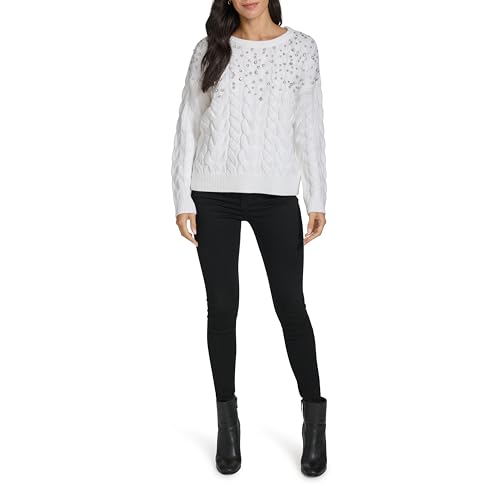 Calvin Klein Women's Cable Crew Neck Crystal Studs Sweater