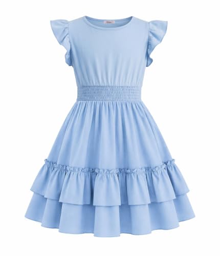 Image of Arshiner Girls Dresses Flutter Sleeve A-Line Sundress Casual Summer Tiered Swing Midi Pocket Dress
