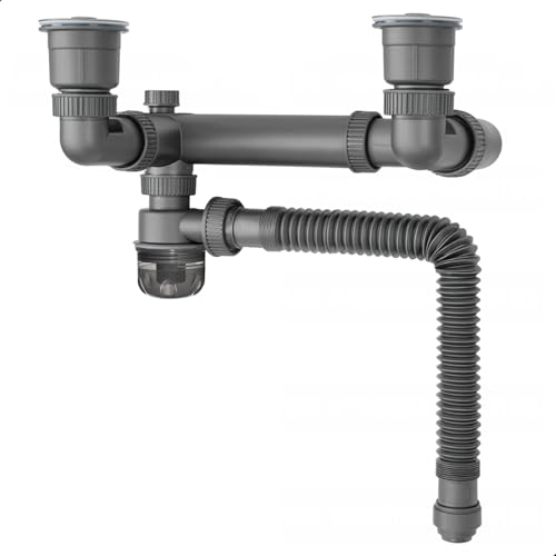 Expandable Double Sink Drain Pipe Kit, 1-1/2 & 1-1/4 Flexible P Trap with water-sealed odor trap, Adjustable Plumbing Kit for Kitchen & Bathroom Sink Drainage