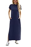 GRECERELLE Womens Maxi Dress Wrinkle Free Summer Mock Neck Short Sleeve 2025 Casual Elegant Loose Split Long Dresses with Pockets (Navy Blue, L)