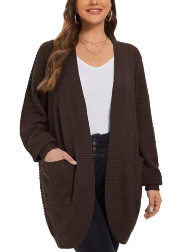 Image of LARACE Long Cardigans for Women Plus Size Tops Open Front Sweaters with Pockets Waffle Ribbed Sleeve Loose Fall Outwear