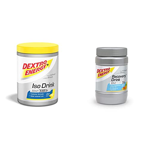 Dextro Energy Iso Drink - Kohlenhydrathaltiges Instantpulver für 11 leckere isotonische Getränke Citrus Fresh, 440g & Recovery Drink Dose - leckeres Protein Pulver mit Kohlenhydraten - Tropical, 356g