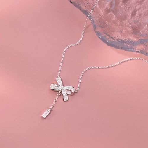 SLUYNZ Solid 925 Sterling Silver Bow Y Necklace for Women Teens CZ Bowknot Necklace Pendant4