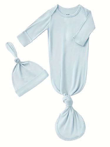 Bow Dream Rayon Bamboo Newborn Baby Boys Knotted Gown Sleeper Solid Color Jumpsuit with Matching Bonnet Light Blue 0-3 Months