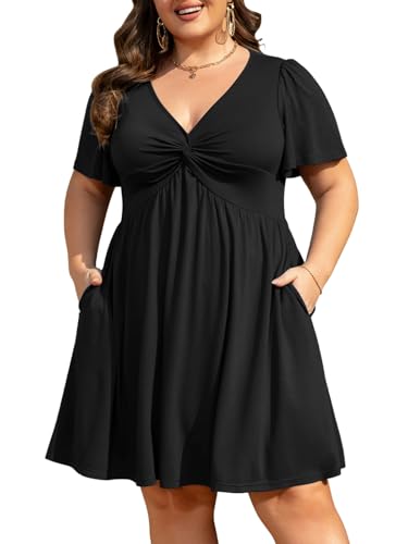 Womens Plus Size Summer Dress Casual Short Sleeves Deep V Neck Twist Knot Front Flowy Dress with Pockets
