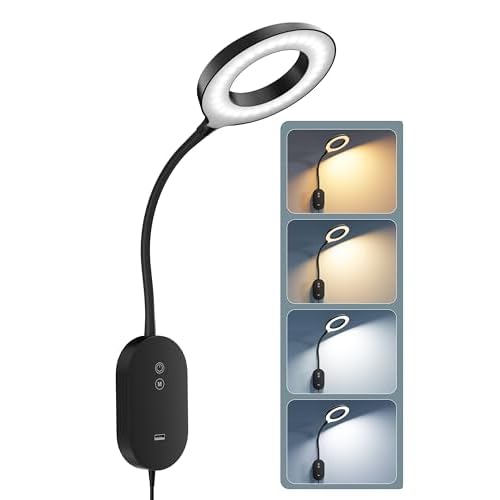 LED Wall Reading Light,Bedside Headboard Lights with 10W USB Output Fast, Wall Reading Lamps with 4 Color Modes & 5 Dimmable, Memory Function, 4-Hour Auto Off Ring Light Black