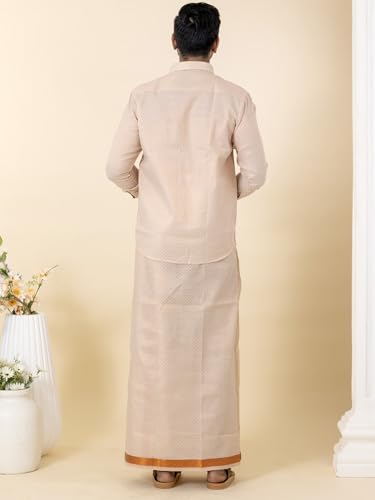 Image of RAMRAJ COTTON Men Gold Tissue Jacquard Full Sleeves Shirt with Matching Dhoti Set