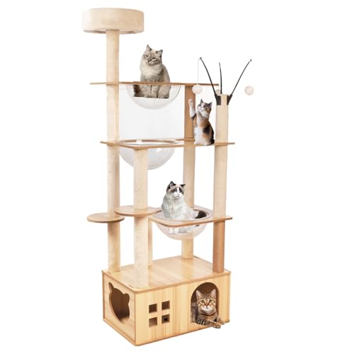 Mdpetpops「2025年の新スタイル」キャットタワー 木製 シニア猫 太った猫 短足猫 子猫向け 3個透明ボウル ハンモック宇宙船付き 多頭飼い 人気 据え置き, 爪とぎ,人気,おもちゃ,猫タワー,ねこ,安定 頑丈 爪研ぎ 麻紐 省スペース,キャット